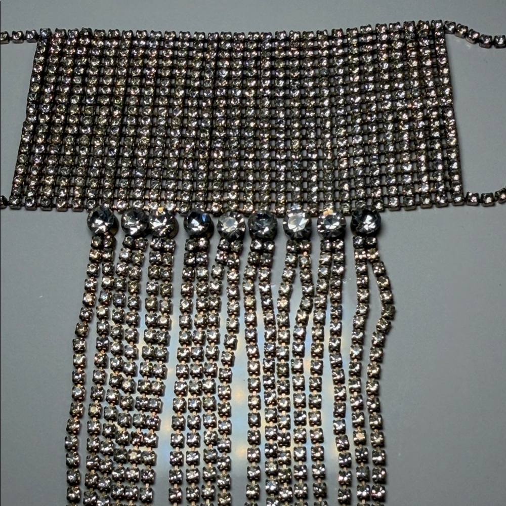 Silver Chain Fringe Necklace Chocker with Multiple Chains and Rhinestones. 23” - Picture 7 of 10